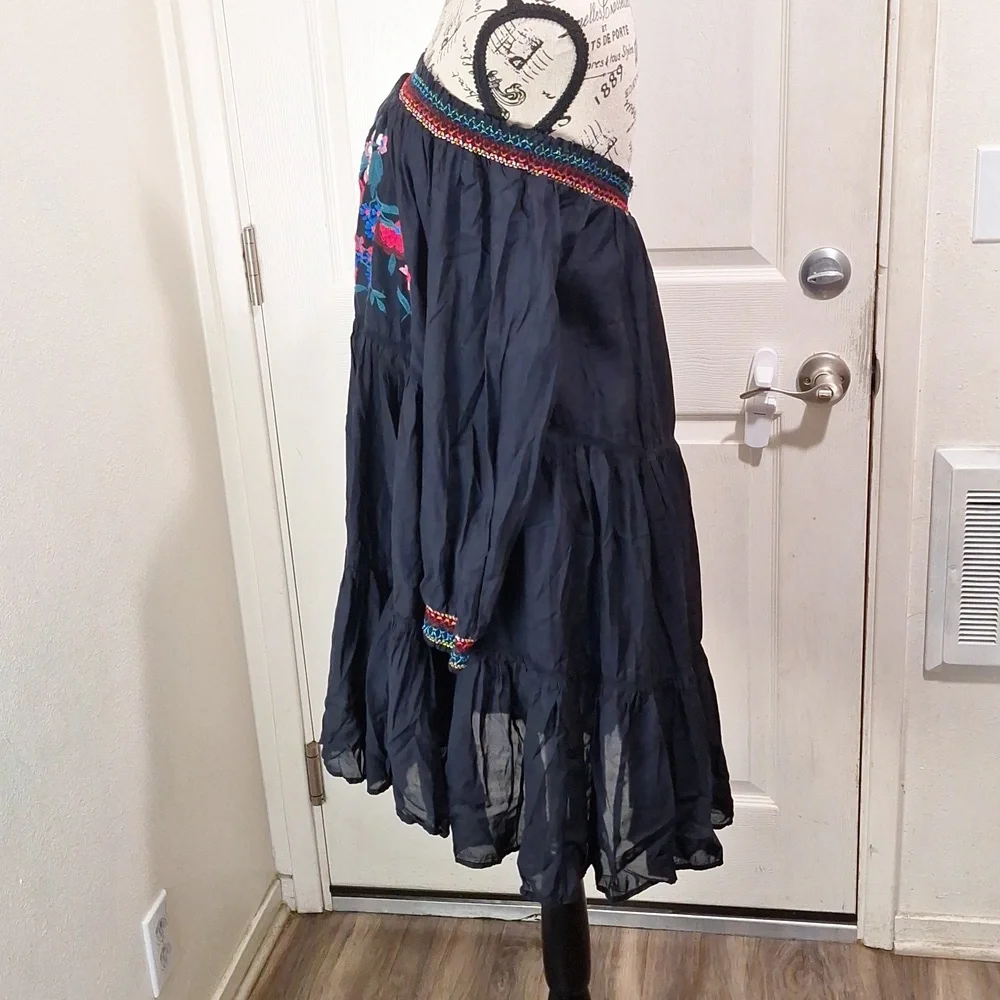Free People Embroidered Floral Gypsy Dress Black Women Large Y2K - Picture 10 of 12